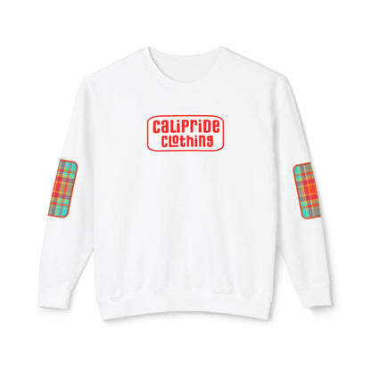 Pacific Plaid Crew, White, lightweight sweatshirt with CaliPride Clothing logo and colorful plaid elbow patch graphics.