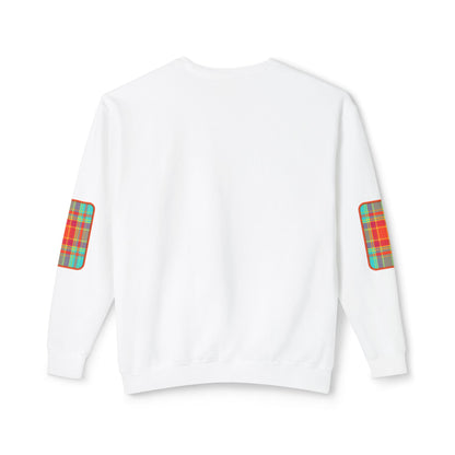 Pacific Plaid Crew, White, lightweight sweatshirt back view, with CaliPride Clothing logo on front and colorful plaid elbow patch graphics.